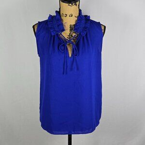 LOFT Royal‎ Blue Ruffle Tie Neck Sleeveless Blouse Romantic Feminine Sz M